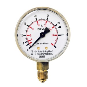 Manómetro para gases en botella Ø 63, Conexión vertical, Escala de litros