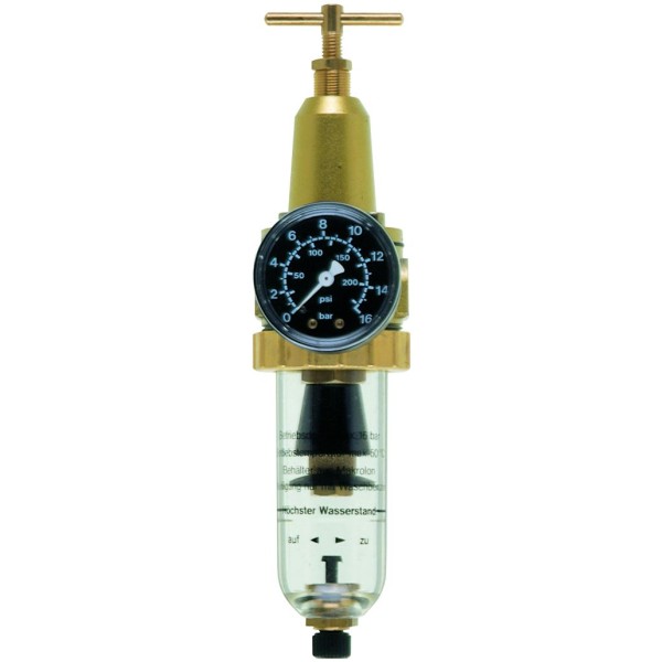 Filter pressure regulator small EWO standard plastic bowlG 1/4, 0,5 - 10 bar, toggle with gauge with manual drain valve